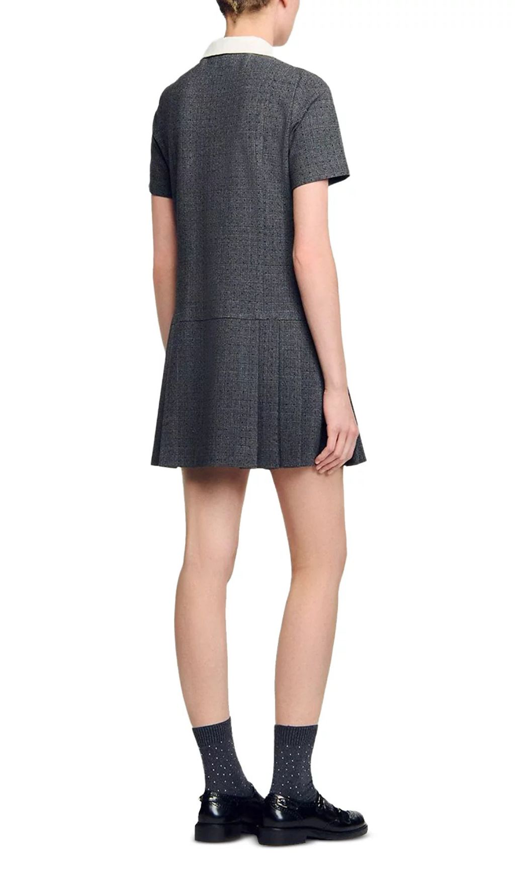 Chic Peter Pan Collar Mini Dress - Gray Tweed with Pleats & Golden Accents