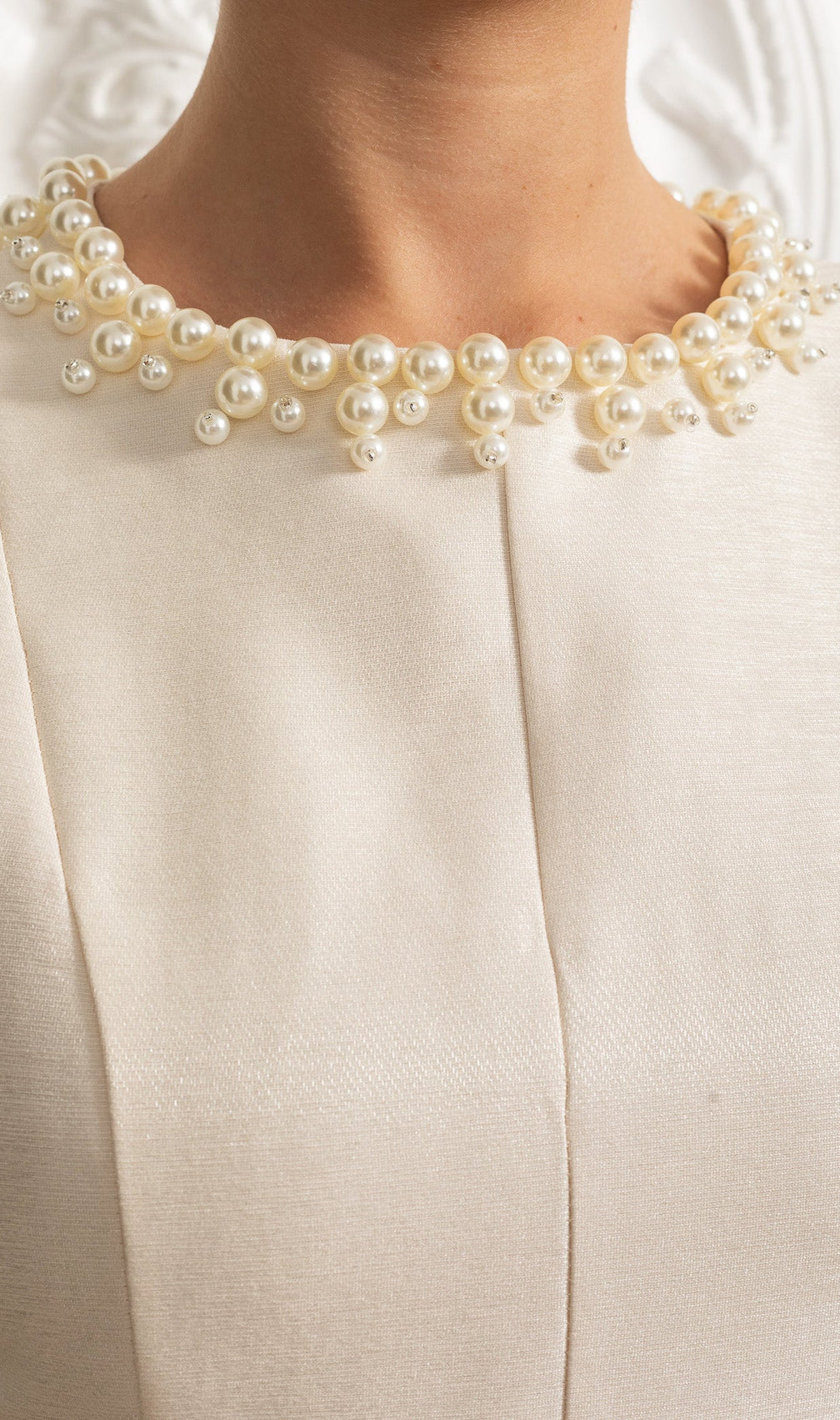 Sleeveless Midi Dress with Tulle Skirt and Pearl Embellished Collar - Ivoire