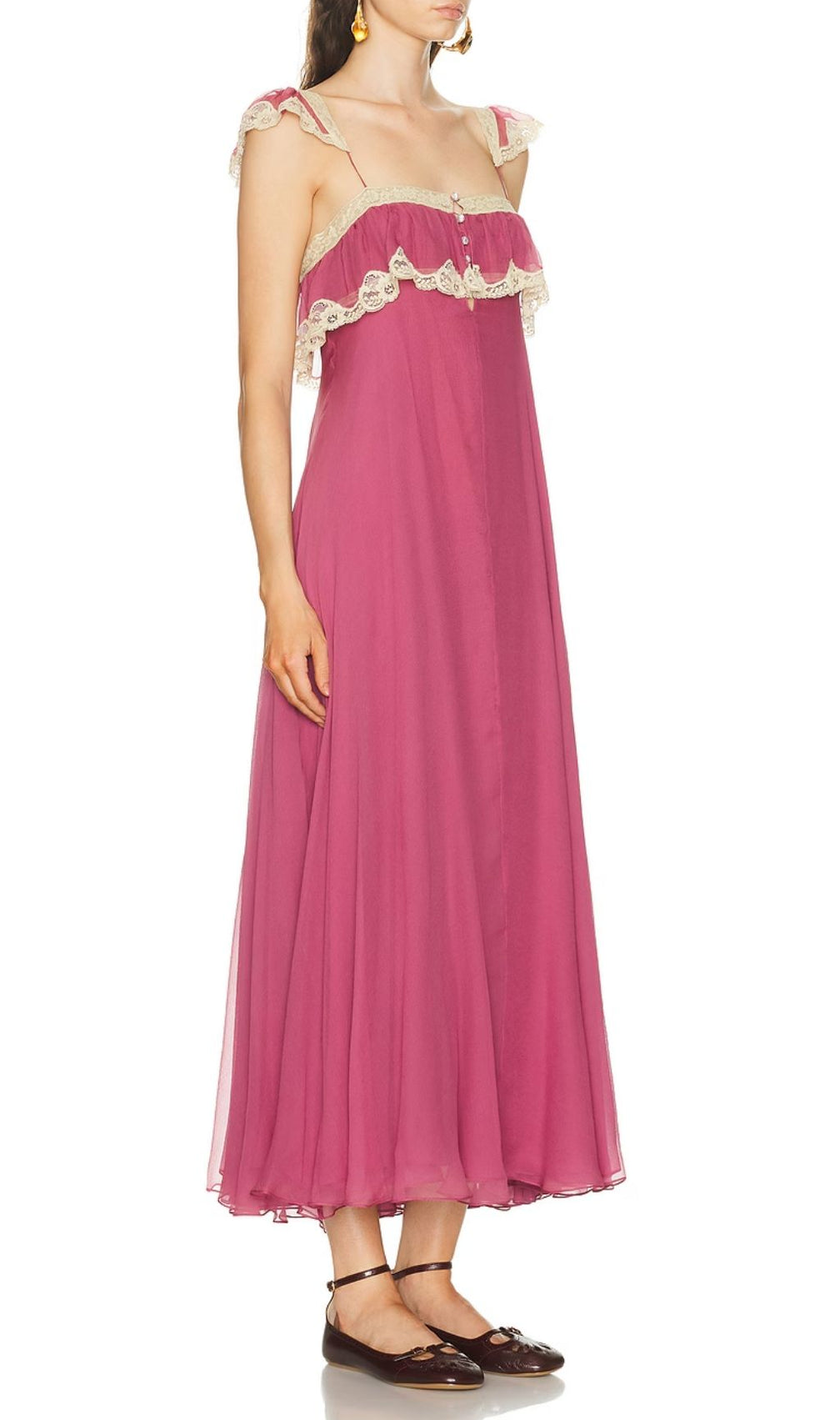 Karis Romantic Fuchsia Lace Trim Maxi Dress - Flowing Chiffon Elegance