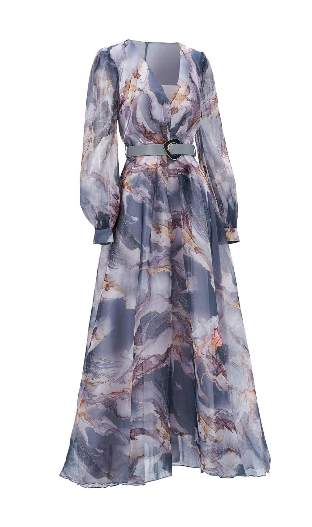 Feryal Grey Printed Long Sleeve Maxi Dress