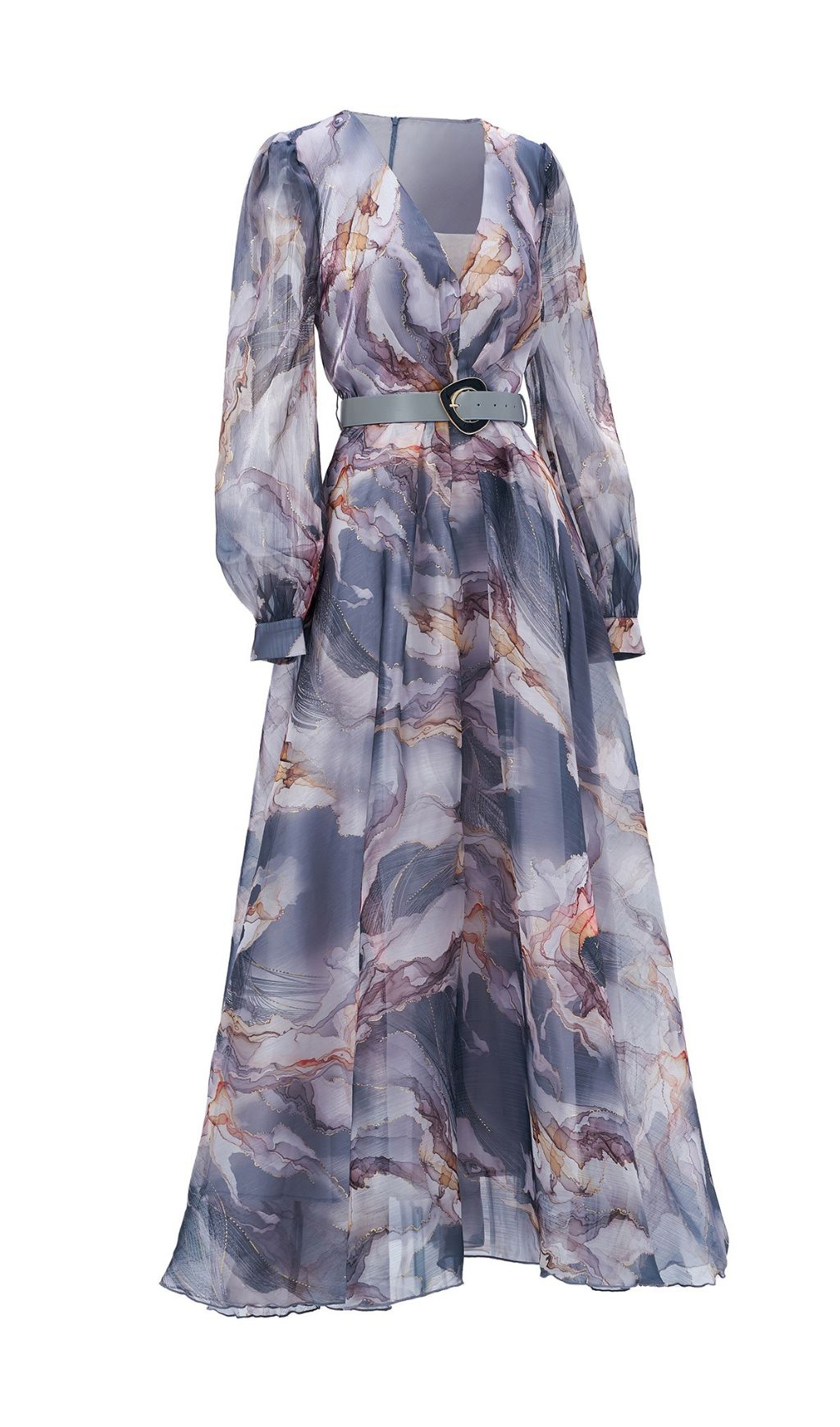 Feryal Grey Printed Long Sleeve Maxi Dress