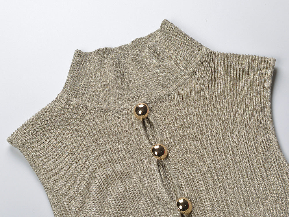 Juno Shimmer Ribbed Knit Maxi Dress | Mock Neck | Gold Buttons