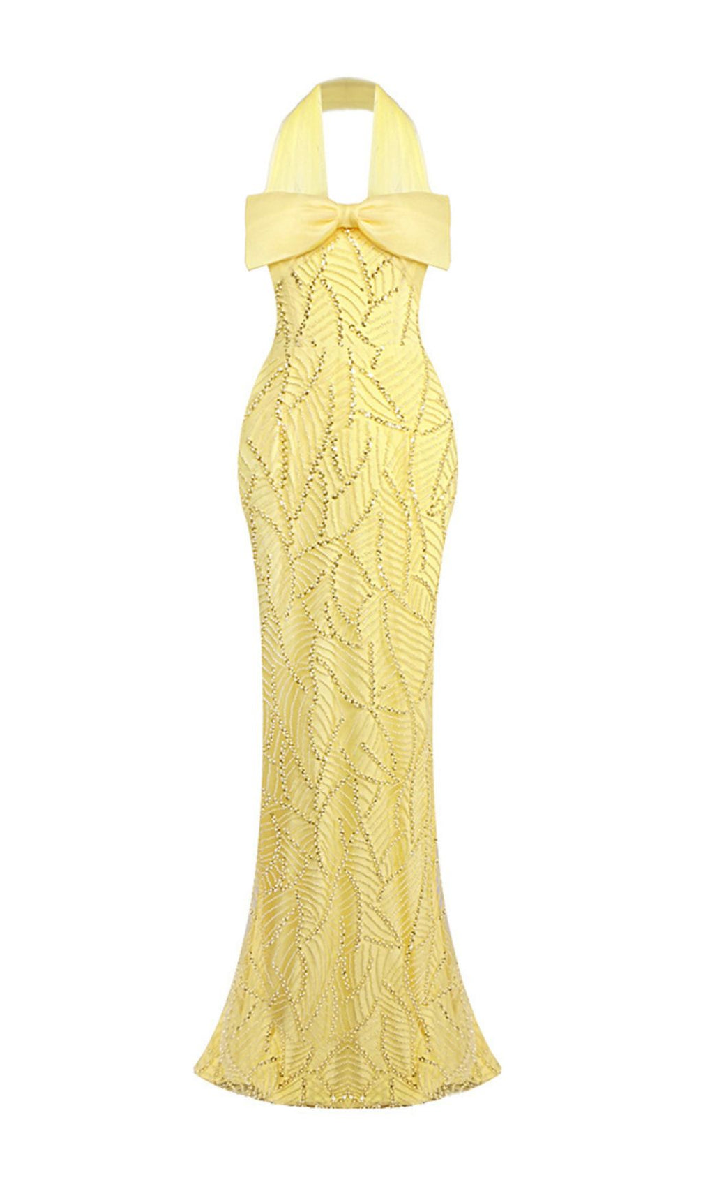 Jermaine Yellow Halter Bow Beaded Maxi Gown | Glamorous Evening & Gala Dress