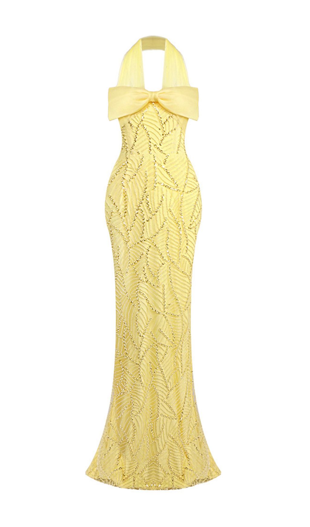 Jermaine Yellow Halter Bow Beaded Maxi Gown | Glamorous Evening & Gala Dress