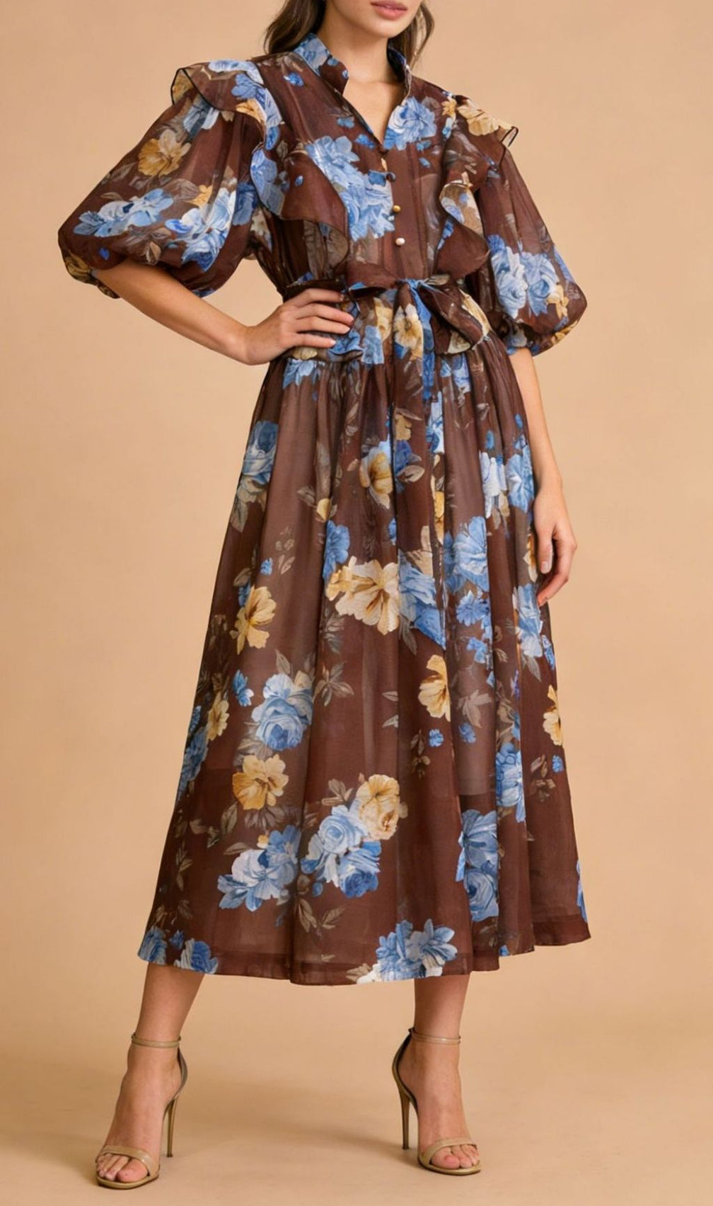 Kandace Chic Floral Puff-Sleeve Midi Dress