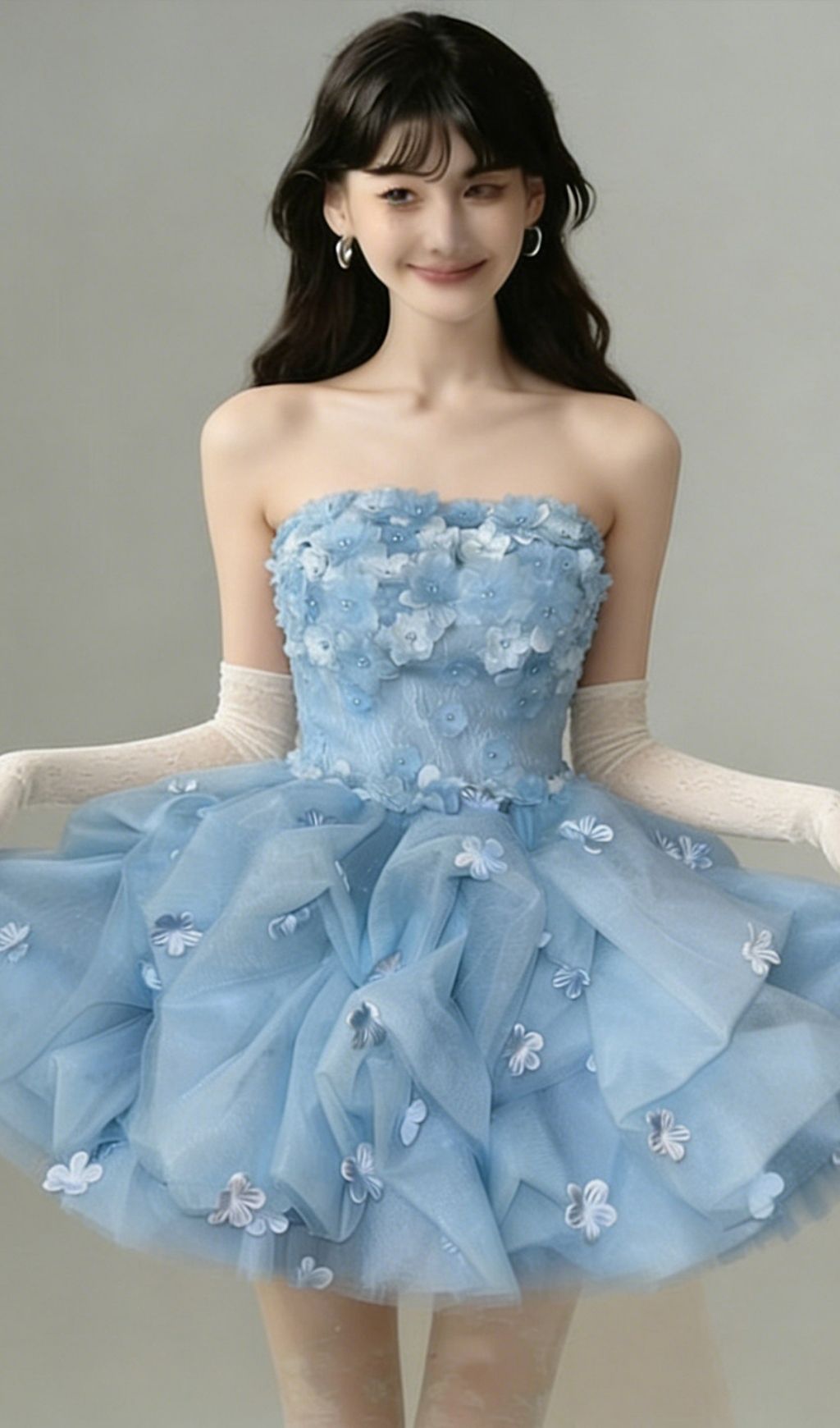 Krista Blue Strapless Flower Mini Dress