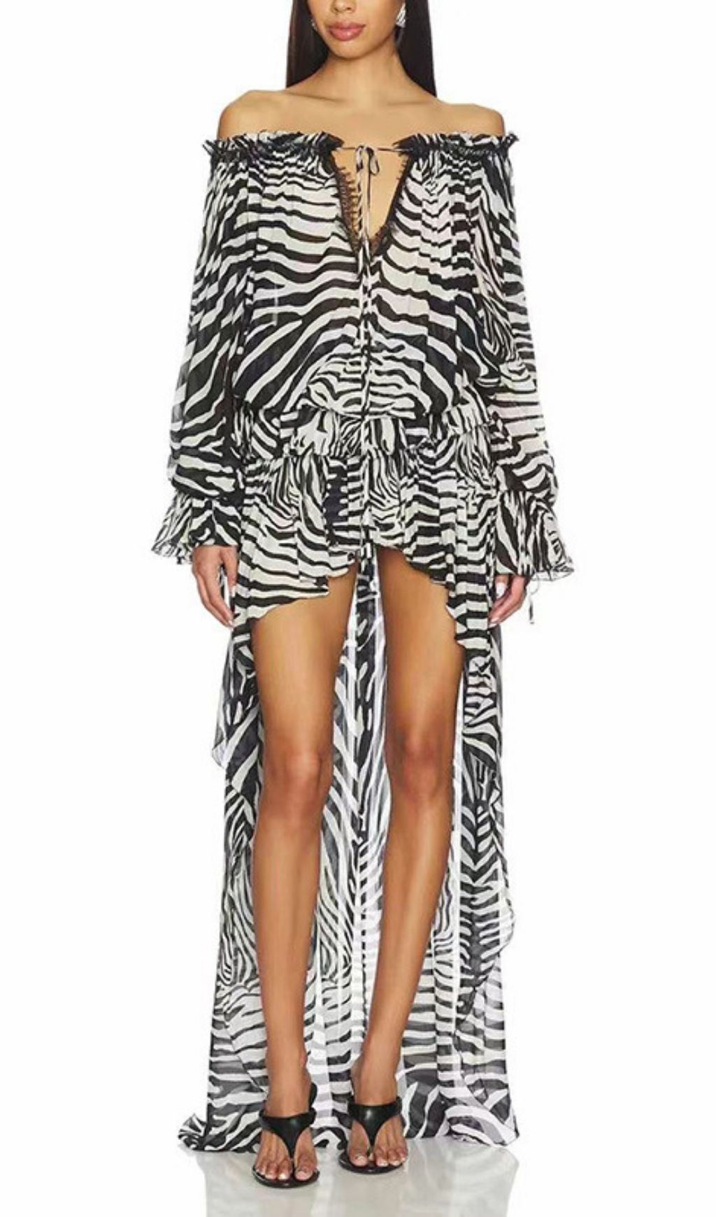 Kayoko Glamorous Zebra Print Off-Shoulder High-Low Maxi Dress