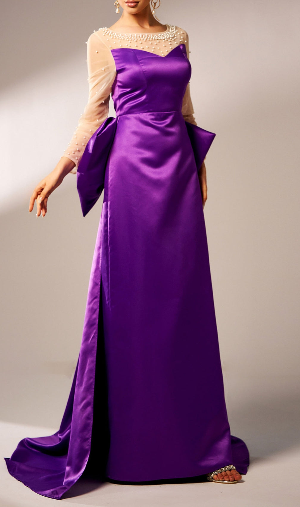 Cawny Purple Bow Long Sleeve Maxi Dress