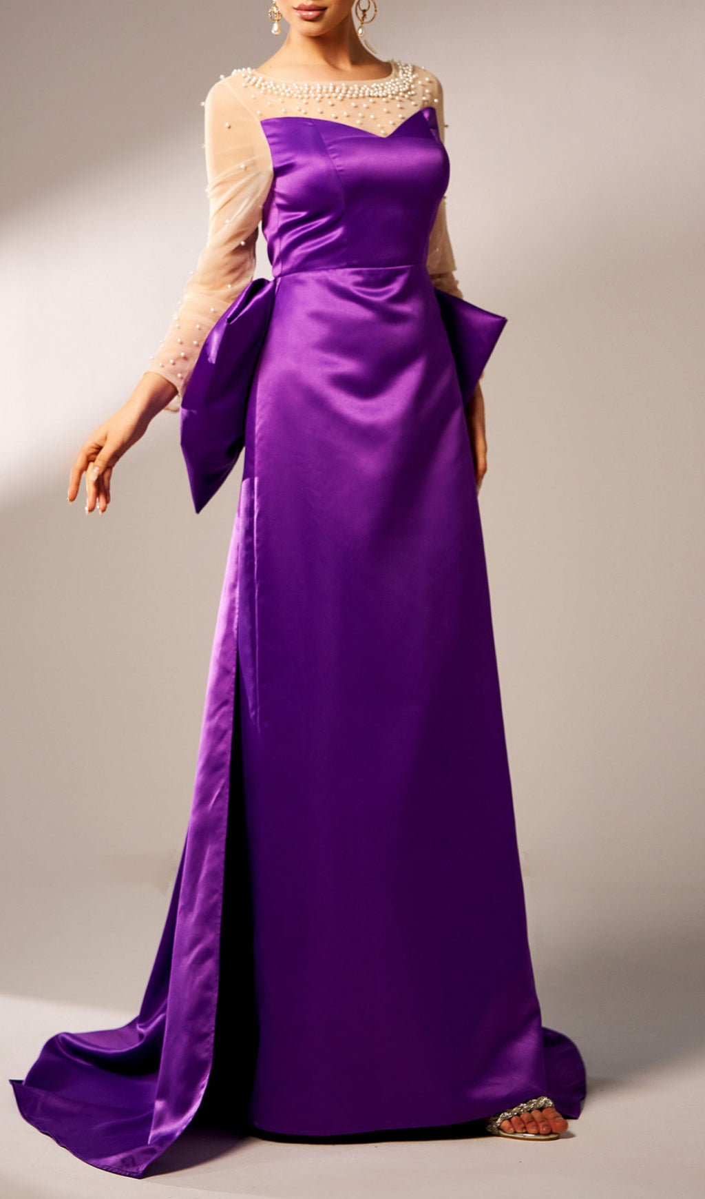 Cawny Purple Bow Long Sleeve Maxi Dress