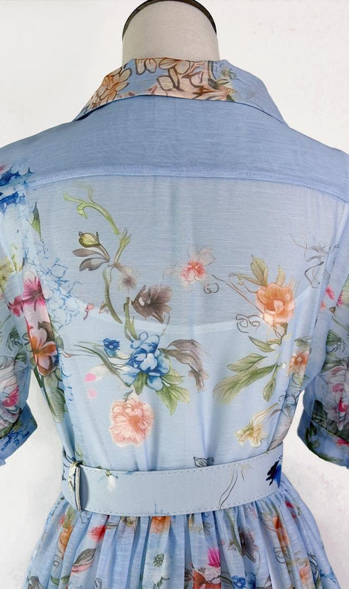 Kary Blue Floral Button-Down Maxi Dress - Elegant Belted Summer Style
