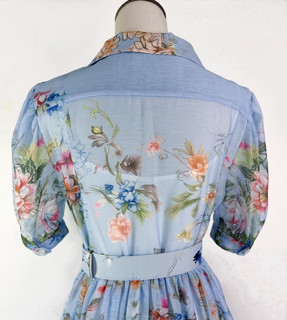 Kary Blue Floral Button-Down Maxi Dress - Elegant Belted Summer Style