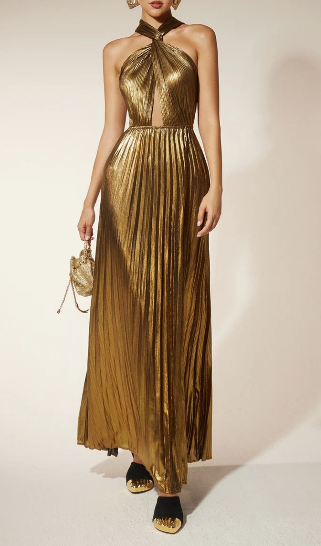 Frazilia Glam Gold Pleated Halter Cutout Maxi Dress - Event Ready Gown