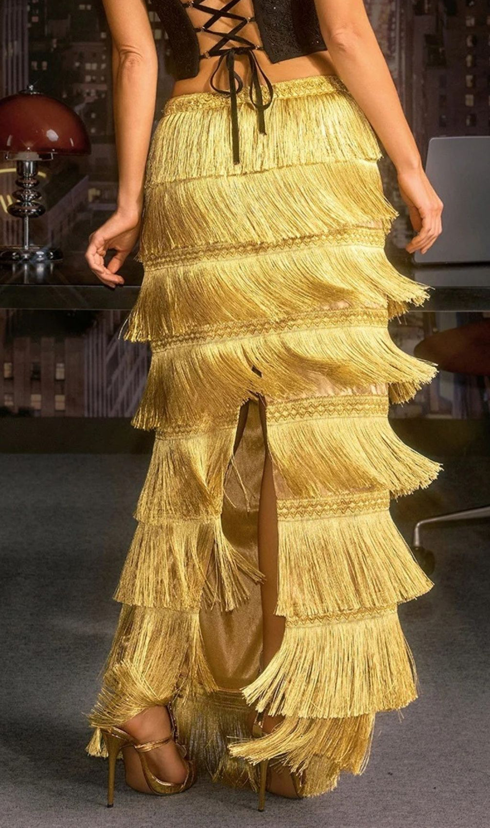 Norylin Gold Fringe Tiered Maxi Skirt - Effortless Glamour & Style for Women