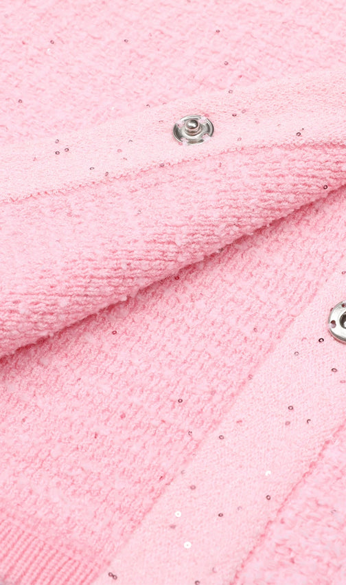 Joanna Luxe Tweed-Inspired Knit Mini Dress | Embellished Button & Pockets