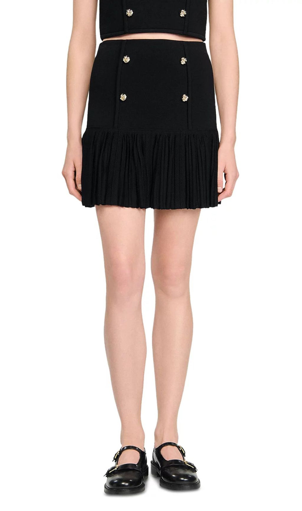 Chic Black Double-Breasted Ruffle Mini Skirt with Gold Buttons