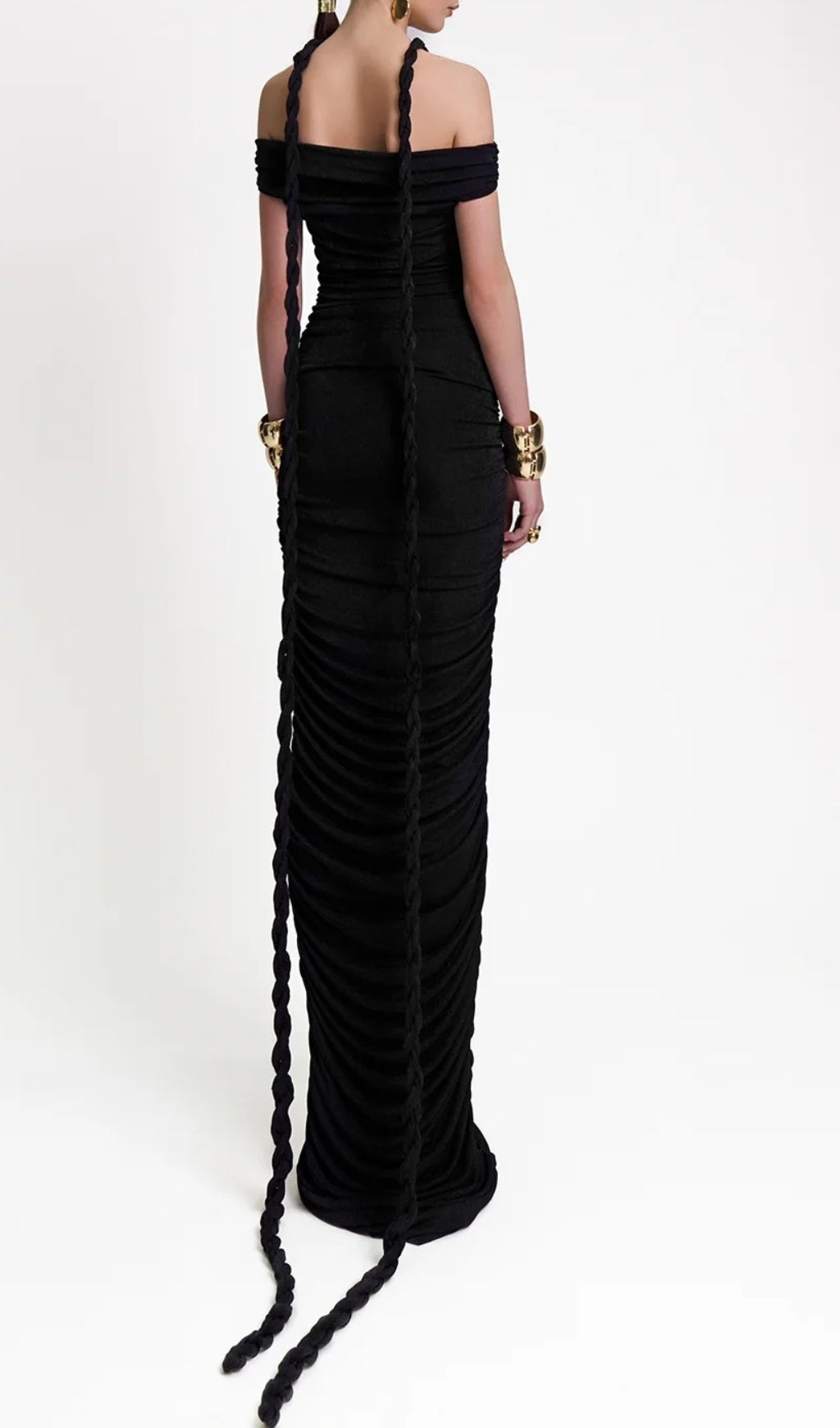 Buddug Black Bardot Ruched Maxi Dress