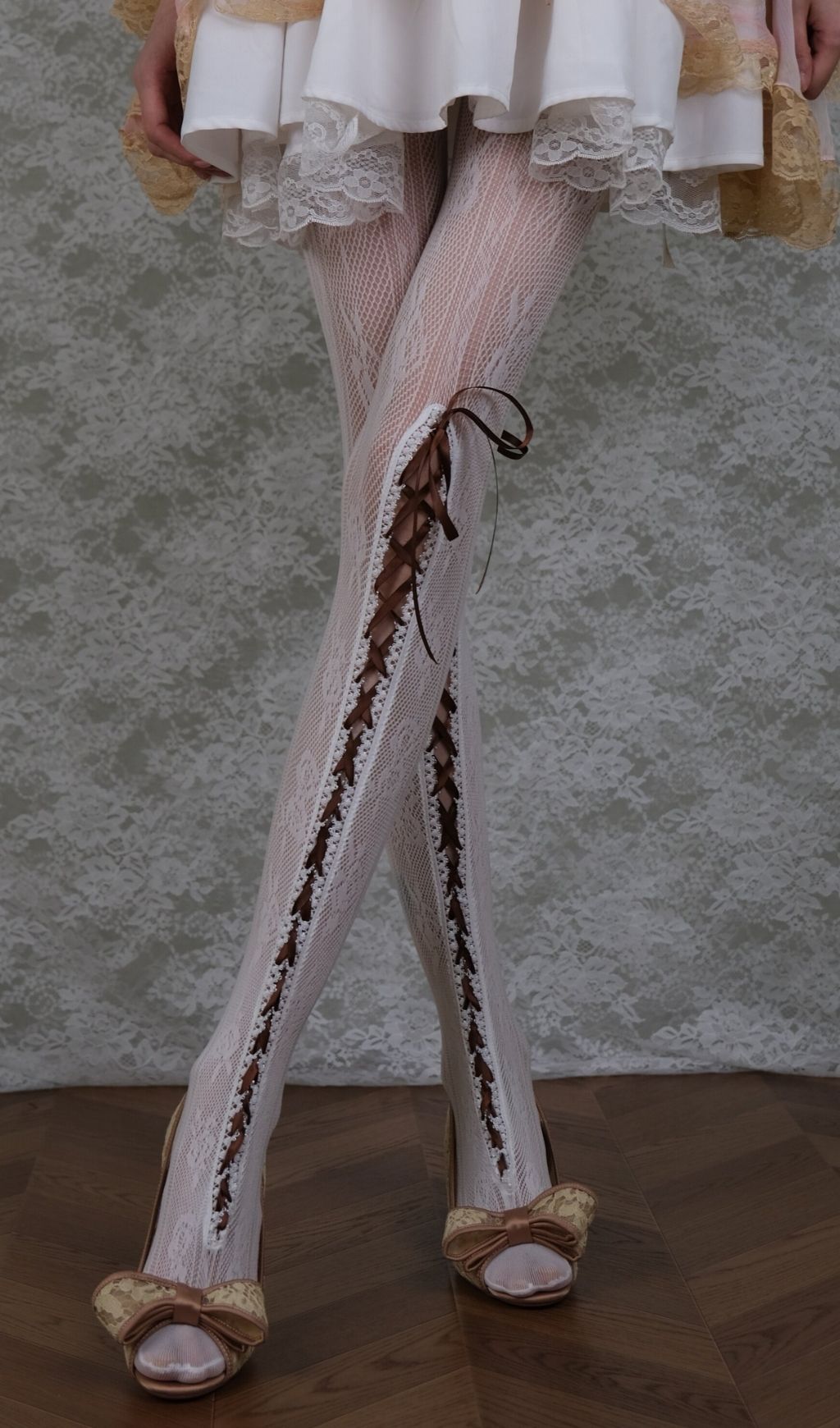 White Lace & Brown Lace-up Tights