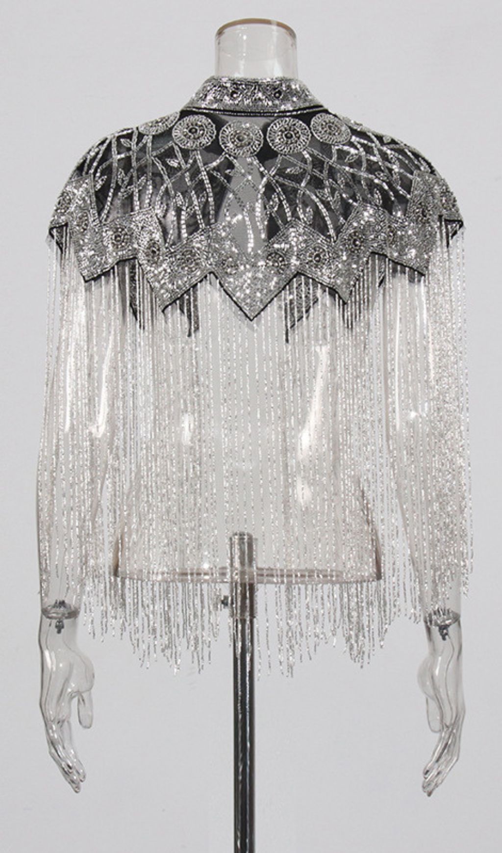 Idana Glamorous Silver Beaded Fringed Shawl