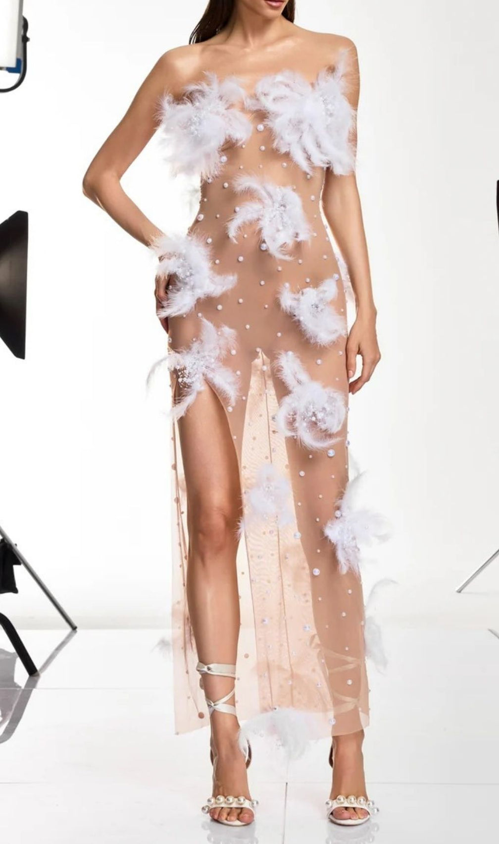 Droven Ethereal Feather & Pearl Strapless Maxi Dress