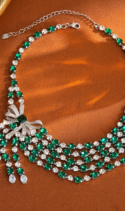 Elegant Emerald Green Bow Cubic Zirconia Jewelry Set