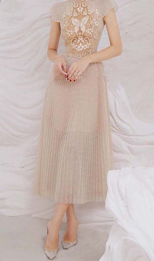 Pleated Embroidery Midi Dress In Beige