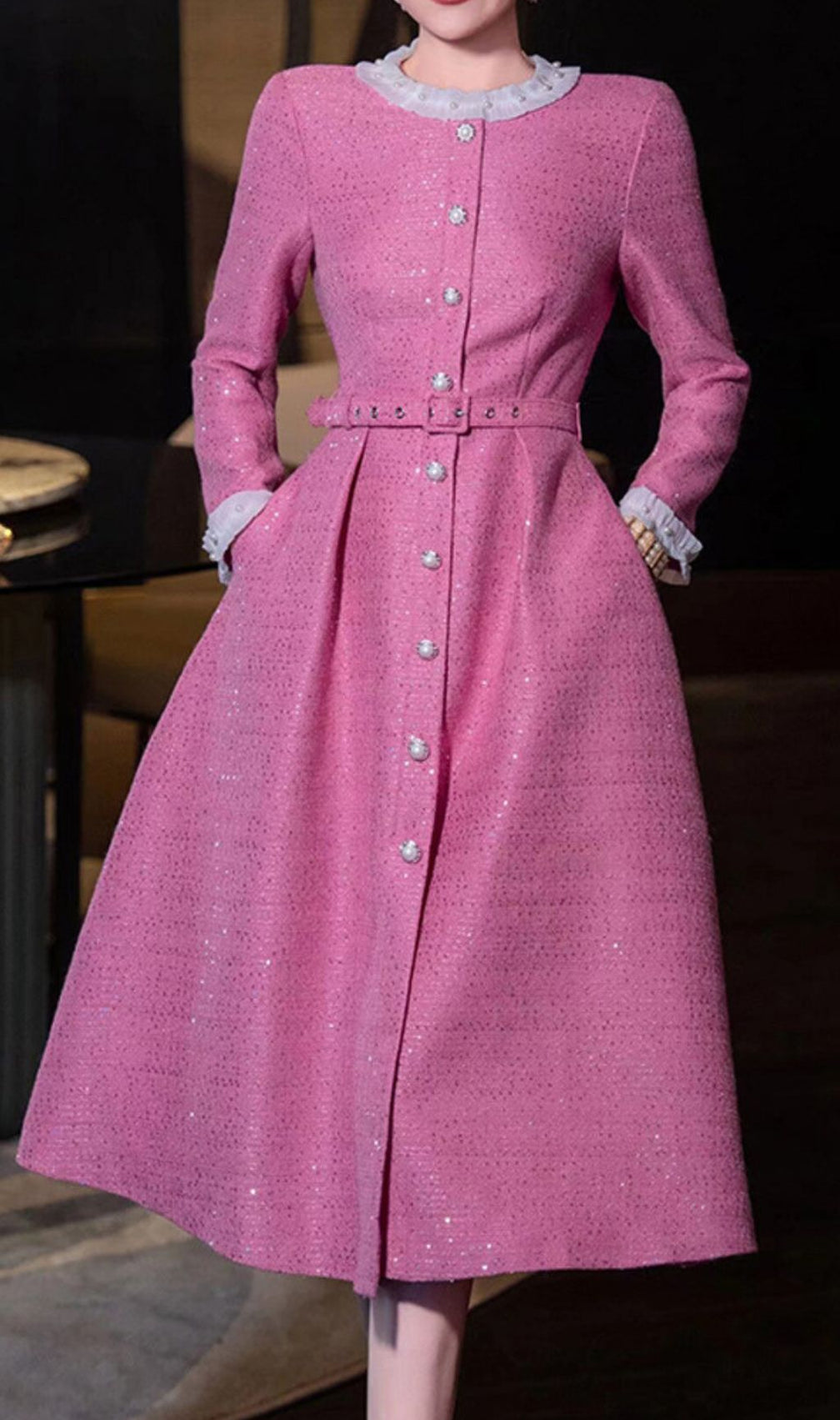 Hong Pink Long Sleeve Midi Dress