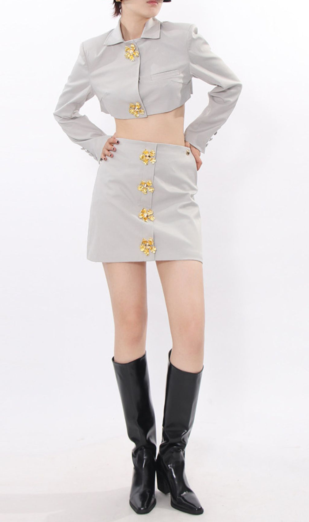 Idriya Chic Grey Cropped Blazer & Mini Skirt Set with Gold Floral Buttons