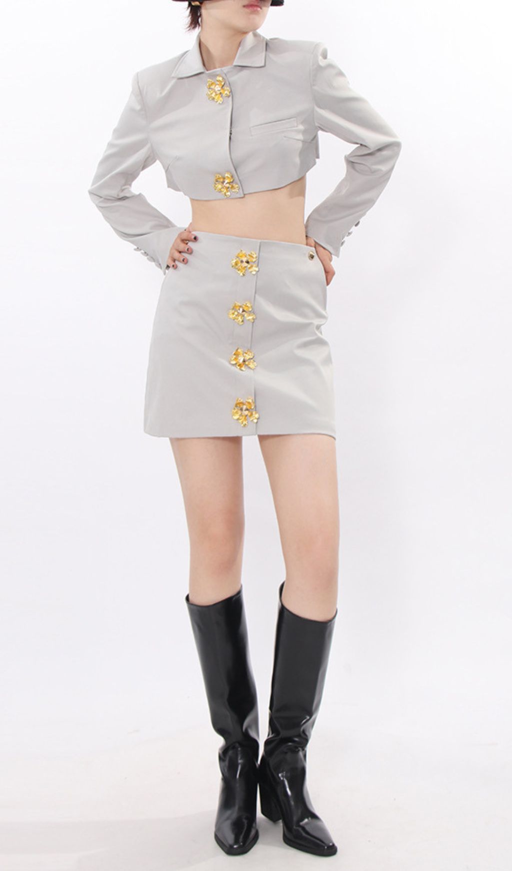 Idriya Chic Grey Cropped Blazer & Mini Skirt Set with Gold Floral Buttons