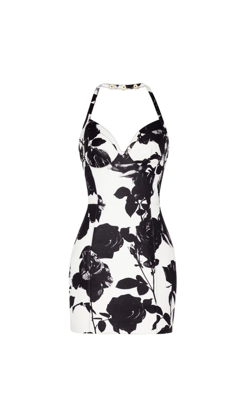 Katsuye Chic Black & White Rose Print Halter Mini Dress