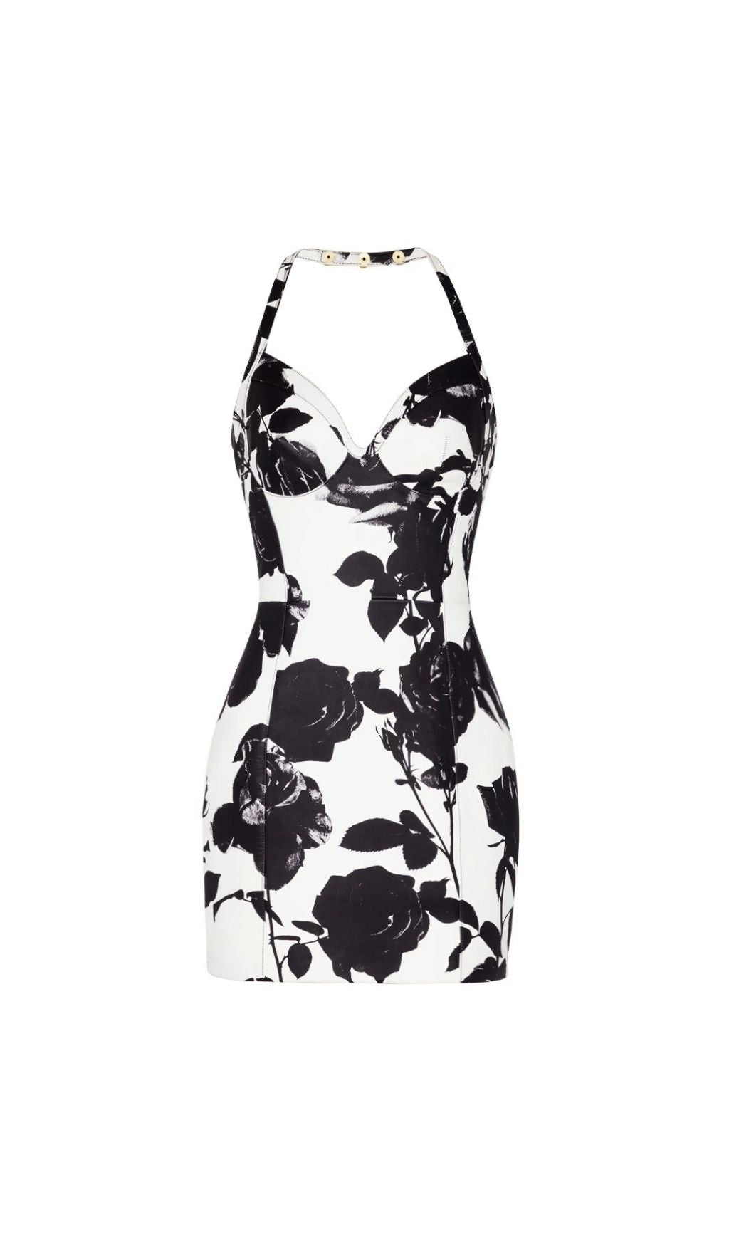 Katsuye Chic Black & White Rose Print Halter Mini Dress