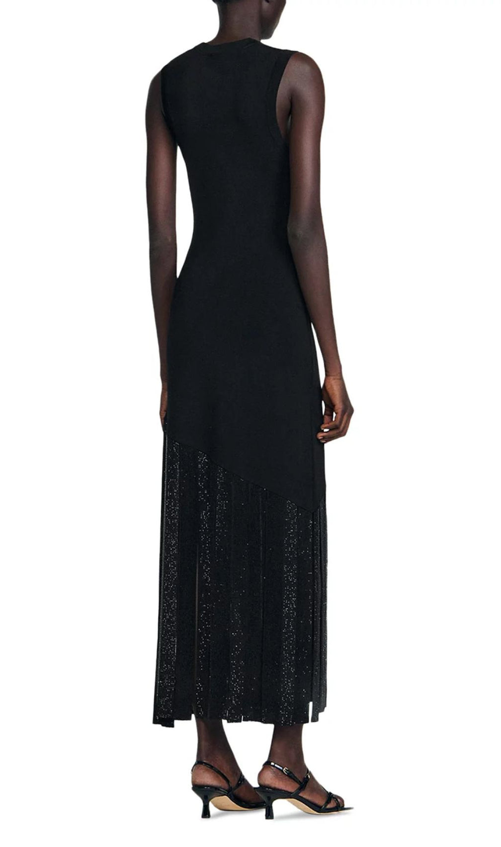 Glamorous Black Sleeveless Maxi Dress with Rhinestone Fringe Hem