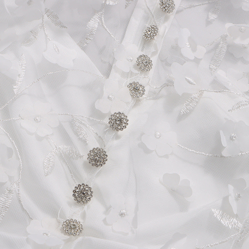 Itzayana Romantic White Floral Lace Embellished Midi Dress with Puffed Sleeves