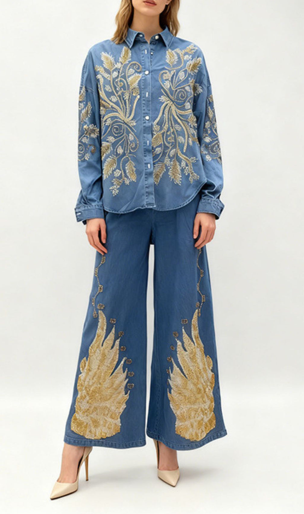 Jena Artisan Embroidered Denim Set - Women's Boho Chic Wide-Leg Pants & Shirt