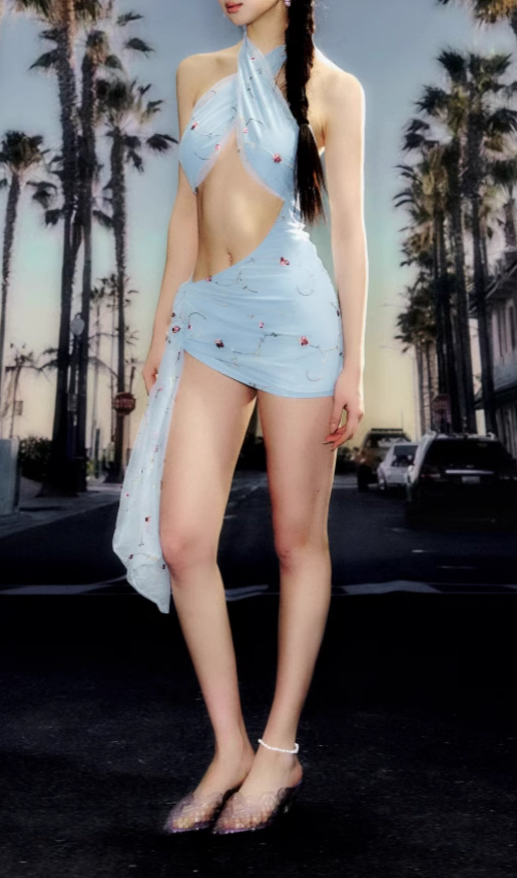 Damali Blue Flower Mesh Halter Swimsuit