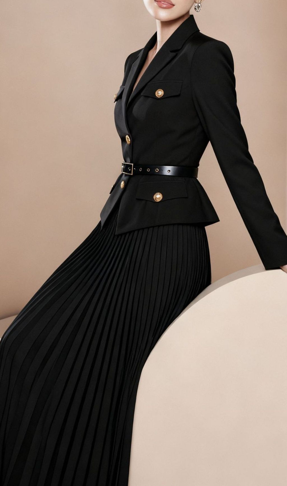 Ieva Chic Black Belted Blazer & Pleated Maxi Skirt Set