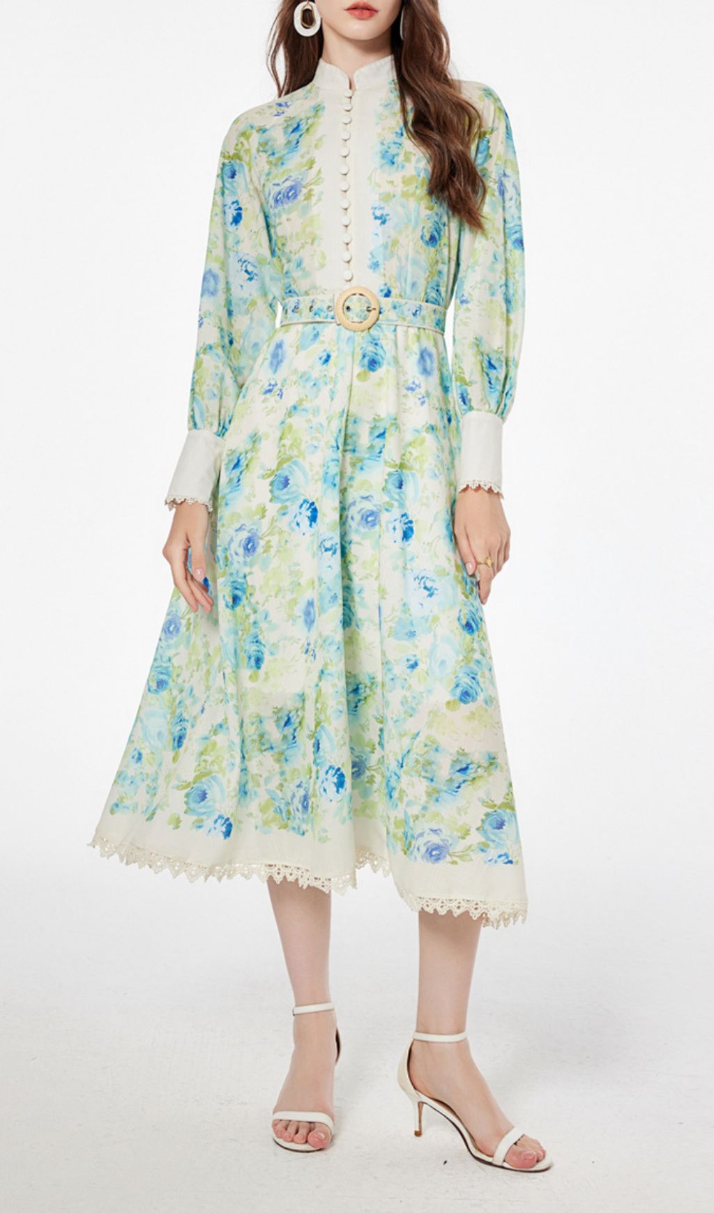 Chic Green & Blue Floral Long Sleeve Midi Dress - Elegant Garden Party Attire