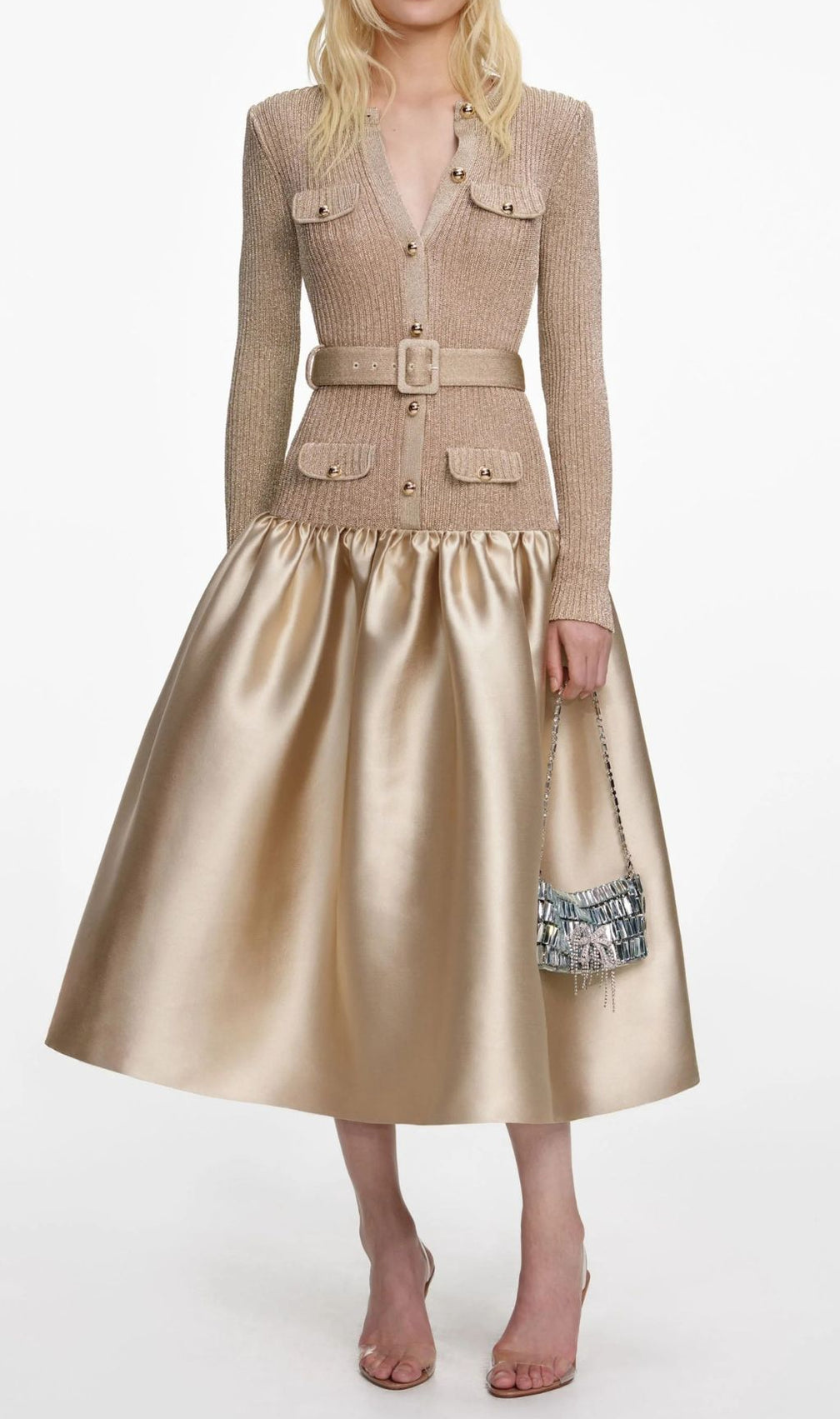 Glamorous Jetje Gold Shimmer Knit & Satin Belted Midi Dress