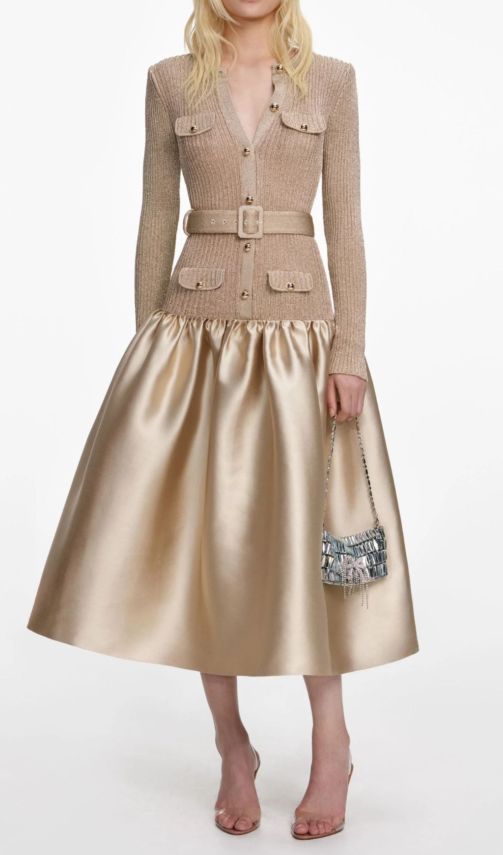 Glamorous Jetje Gold Shimmer Knit & Satin Belted Midi Dress