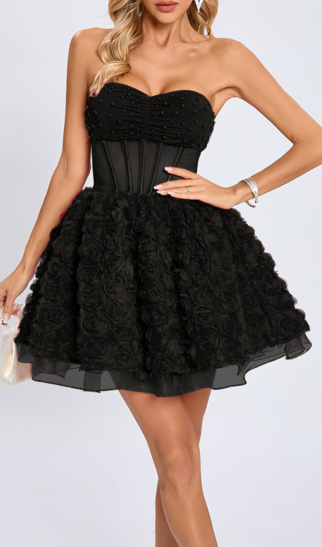 Eustacia Black Strapless Flower Corset Mini Dress