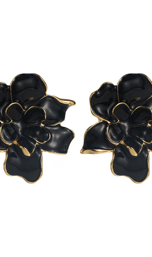 Julisha Black & Gold Floral Statement Earrings - Elegant Bloom