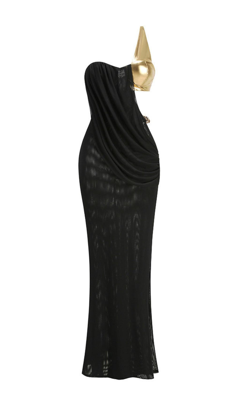 Jailene Glamorous Black & Gold One-Shoulder Chain Maxi Dress