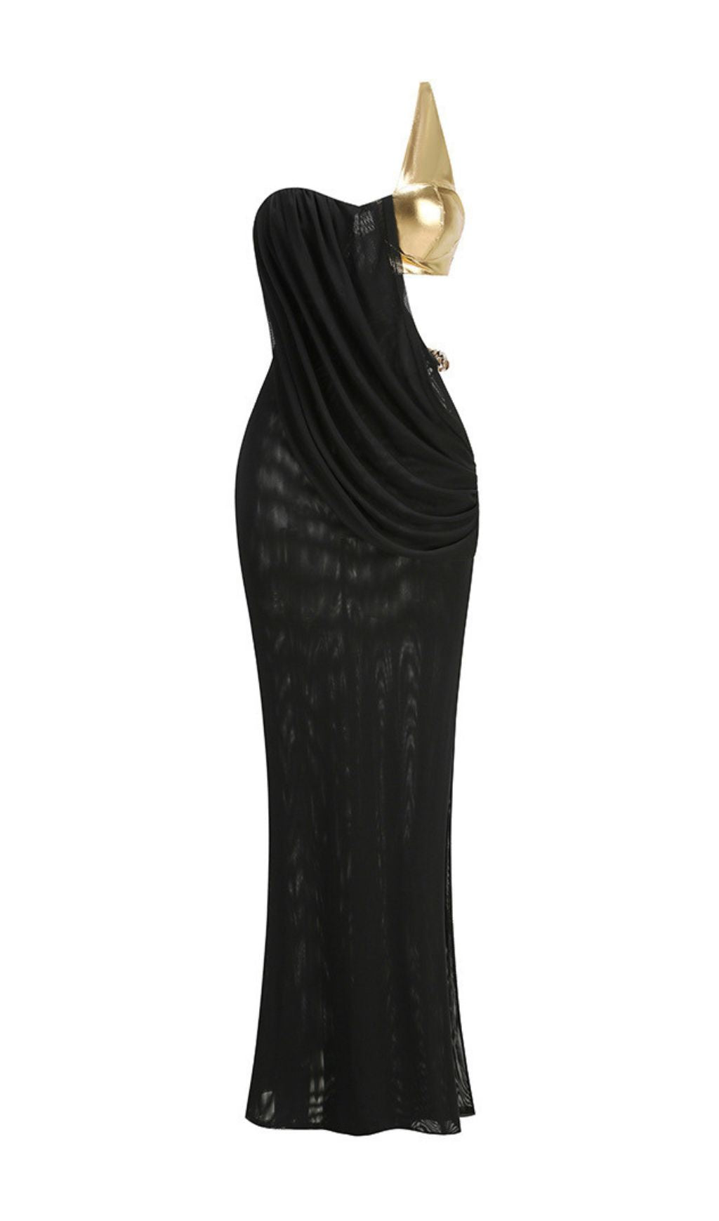 Jailene Glamorous Black & Gold One-Shoulder Chain Maxi Dress
