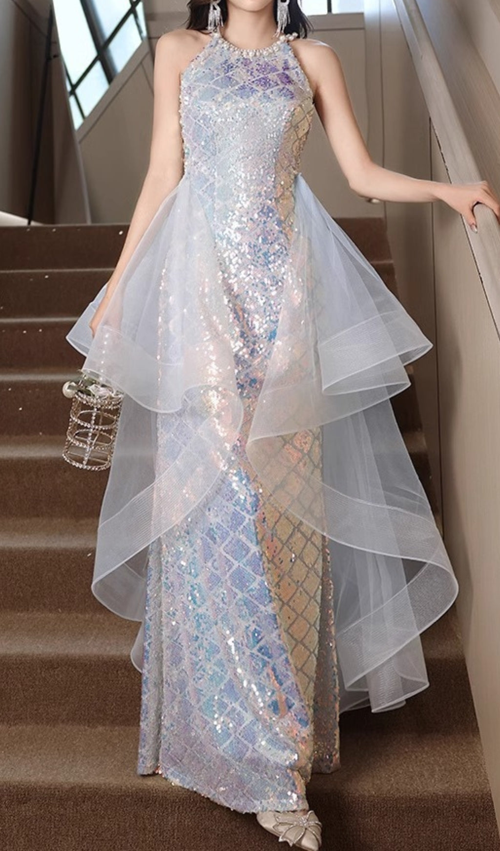 Cosette Halter Sequin Mesh Maxi Dress