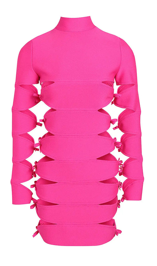 Fuchsia Bow Cut-Out Long Sleeve Bandage Mini Dress - Bodycon Party Style