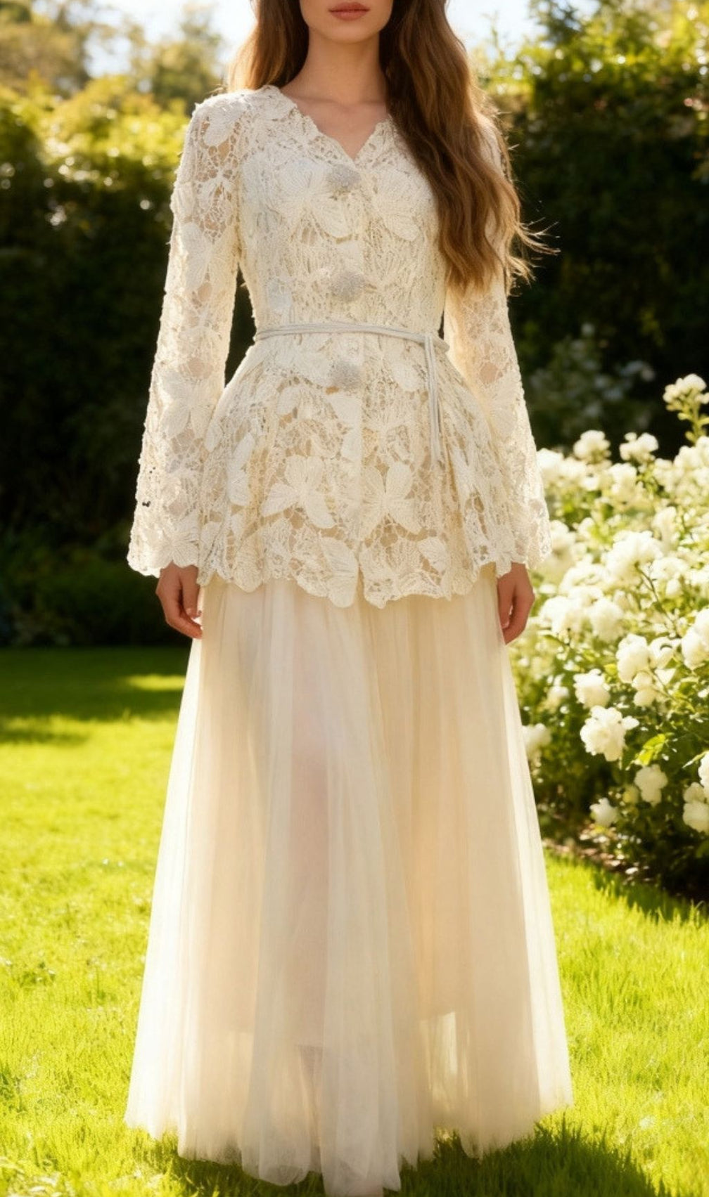 Enchanting Butterfly Lace Long Sleeve Two-Piece Maxi Gown Set