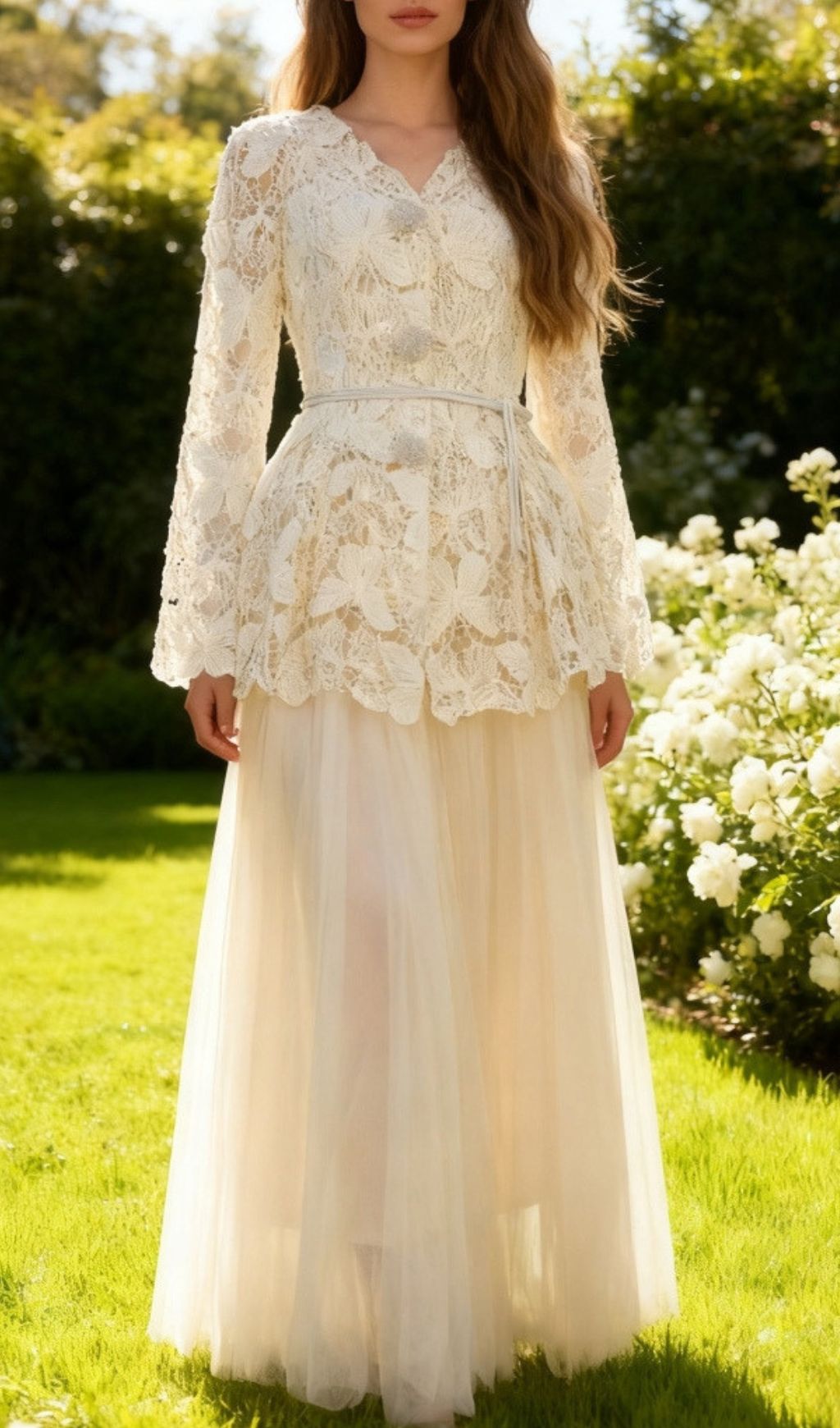 Enchanting Butterfly Lace Long Sleeve Two-Piece Maxi Gown Set