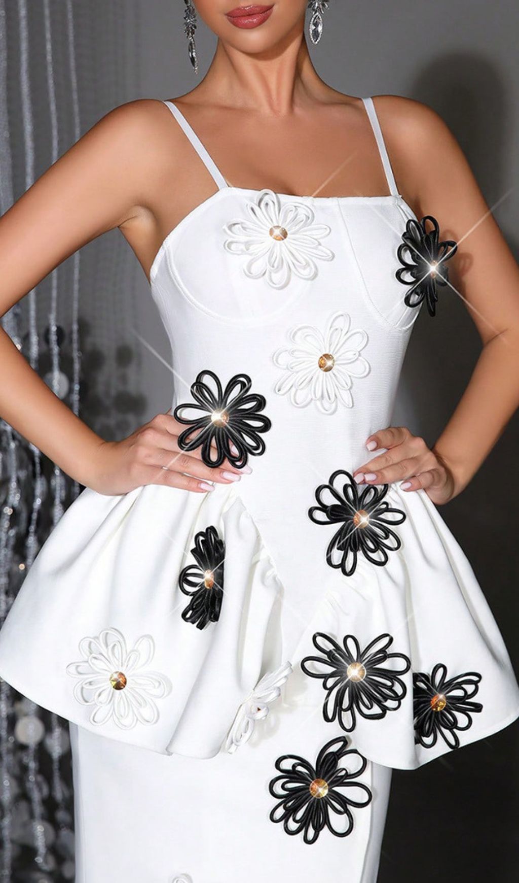 Bloom in Elegance: Hada White Floral Peplum Midi Dress with 3D Embellishments