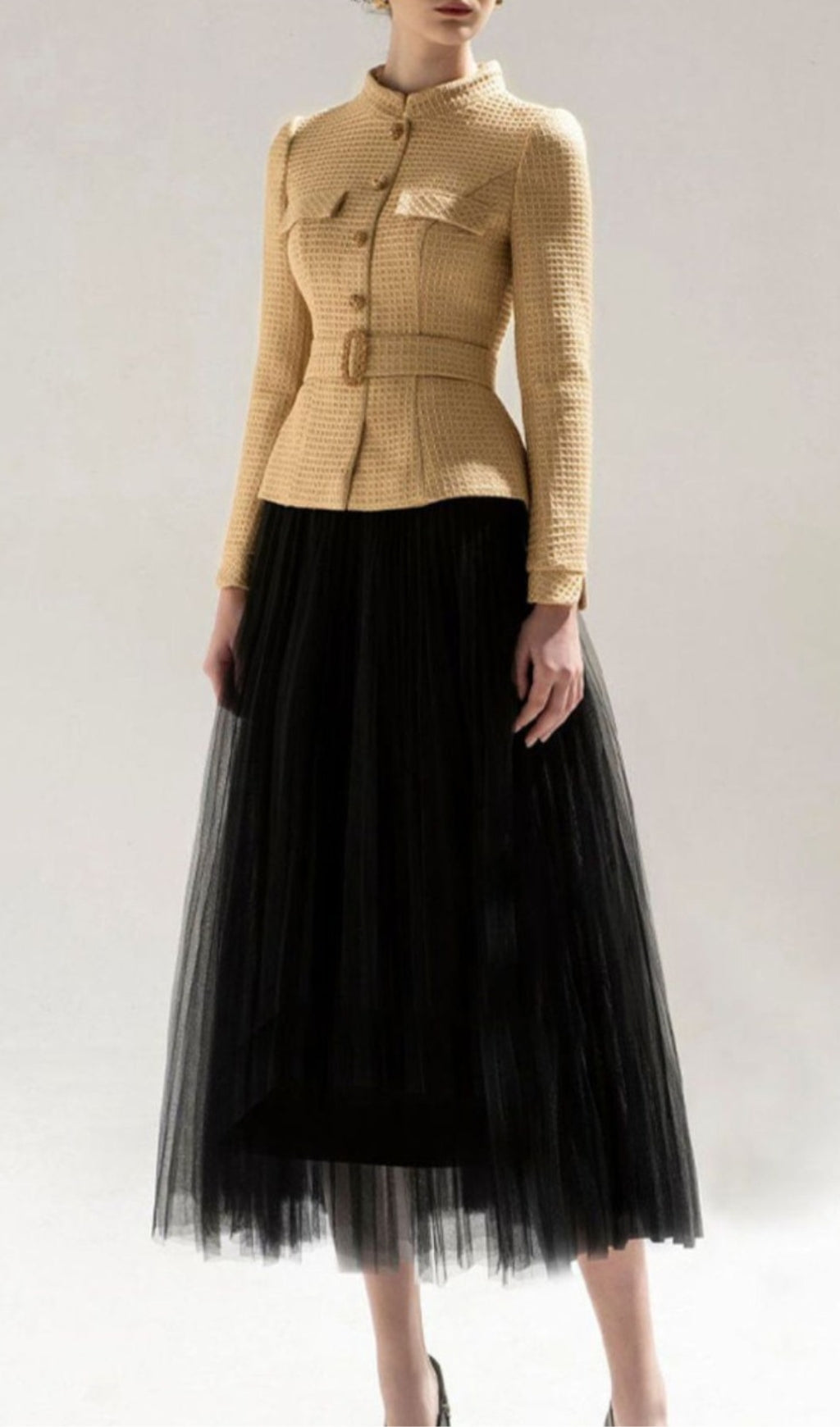 Ayaka Tweed Short Coat Mesh Skirt Suit