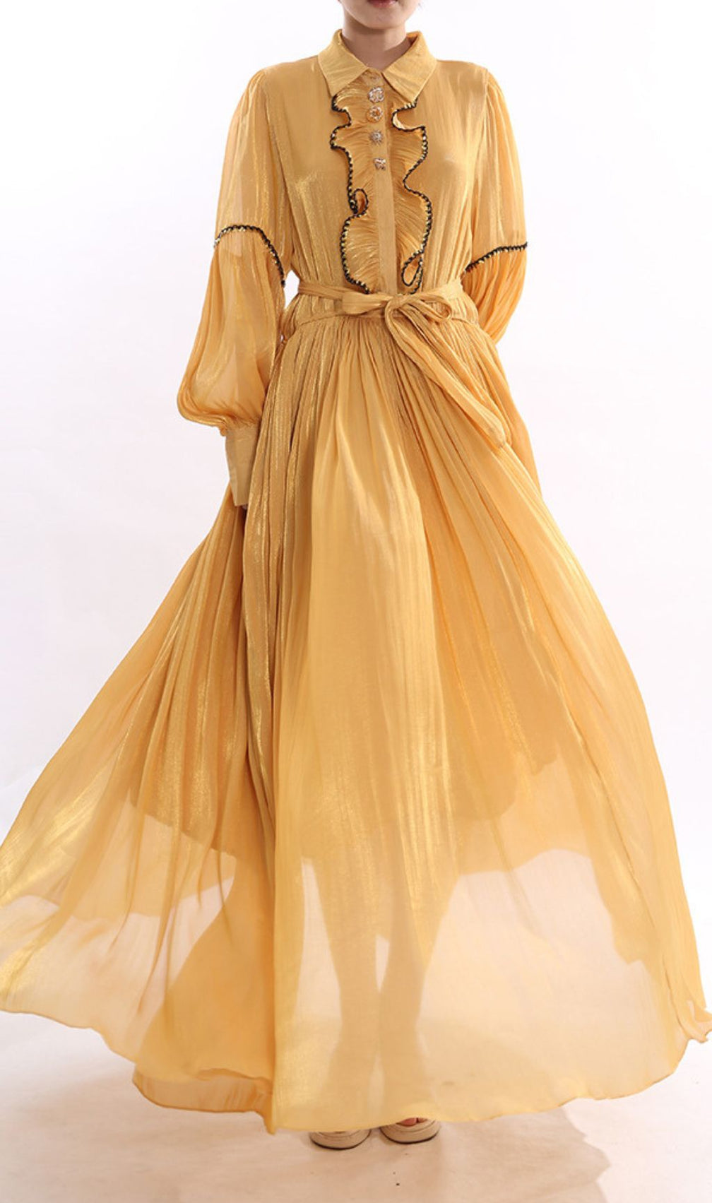 Jeseray Golden Yellow Pleated Maxi Dress | Elegant Long Sleeve Ruffle Gown for Women