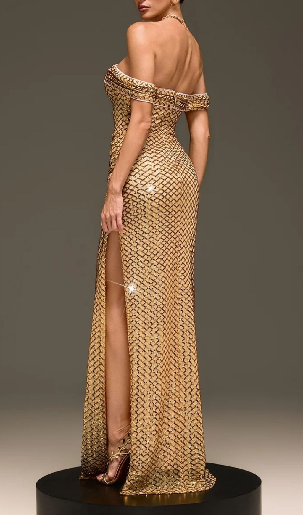 Glein Dazzling Gold Sequin Off-Shoulder Maxi Gown with Dramatic Slit